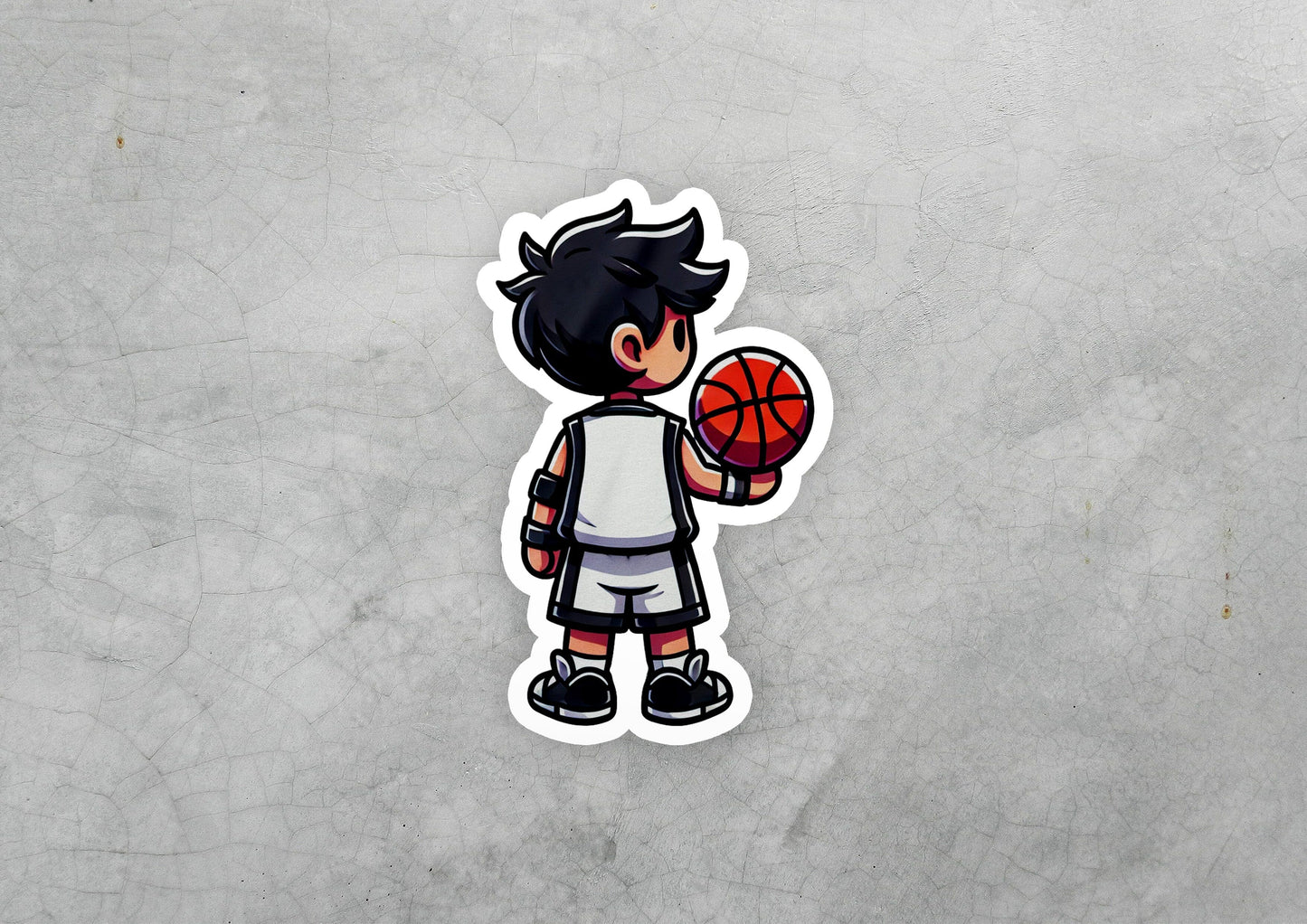 a sticker of a boy holding a basketball