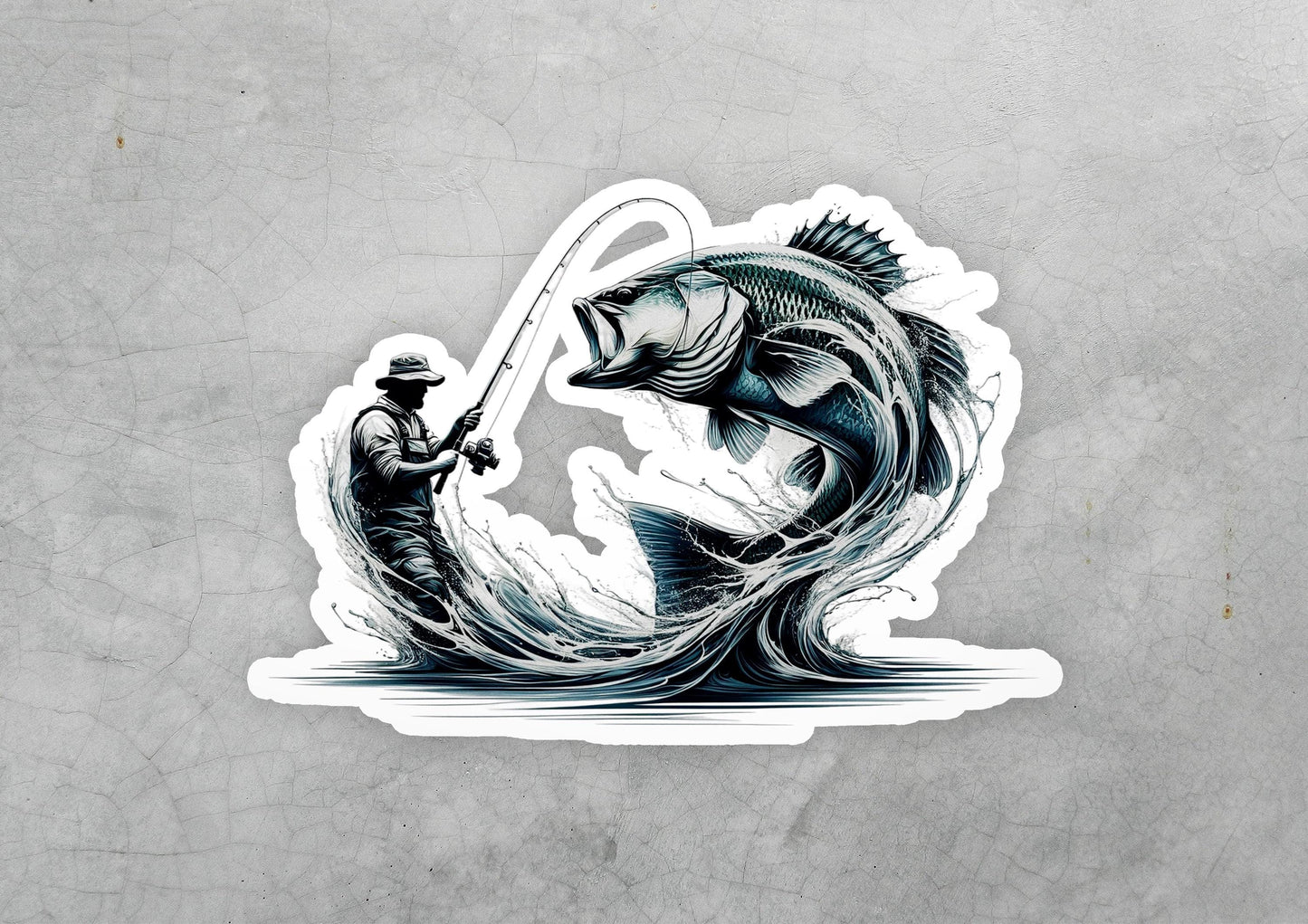 a sticker of a man fishing on a large fish