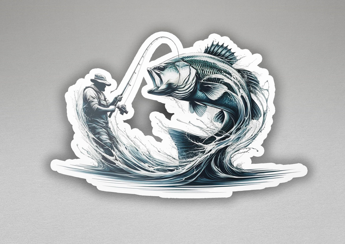 a sticker of a man fishing on a large fish