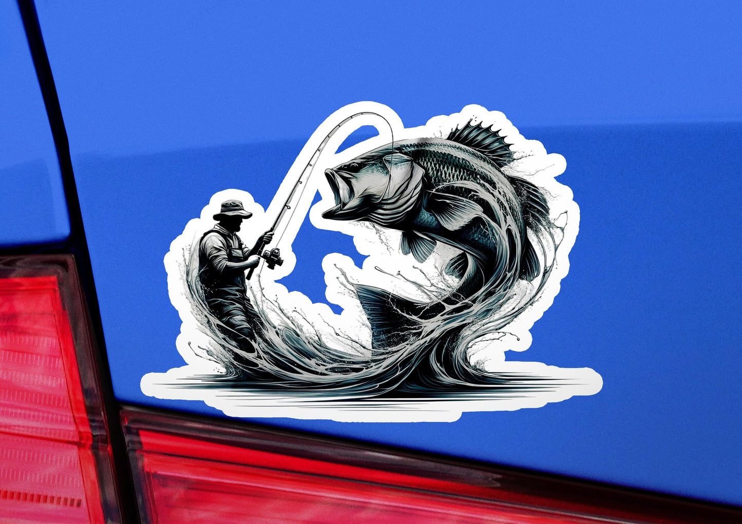 a sticker of a fish hooked up to a fishing rod