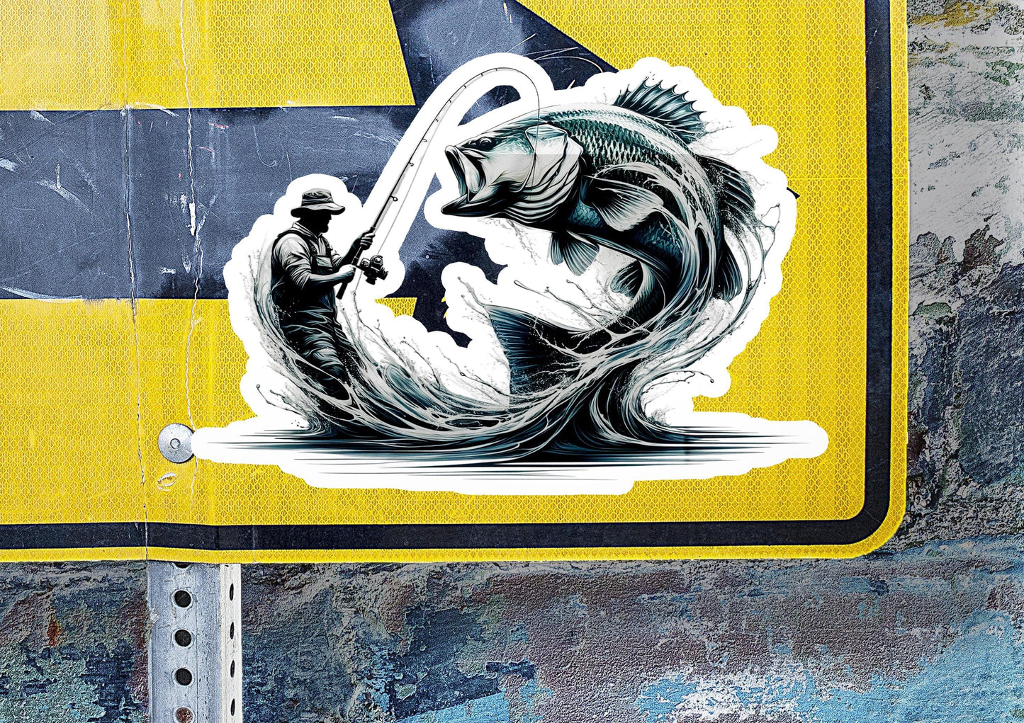 a sticker of a man holding a giant fish