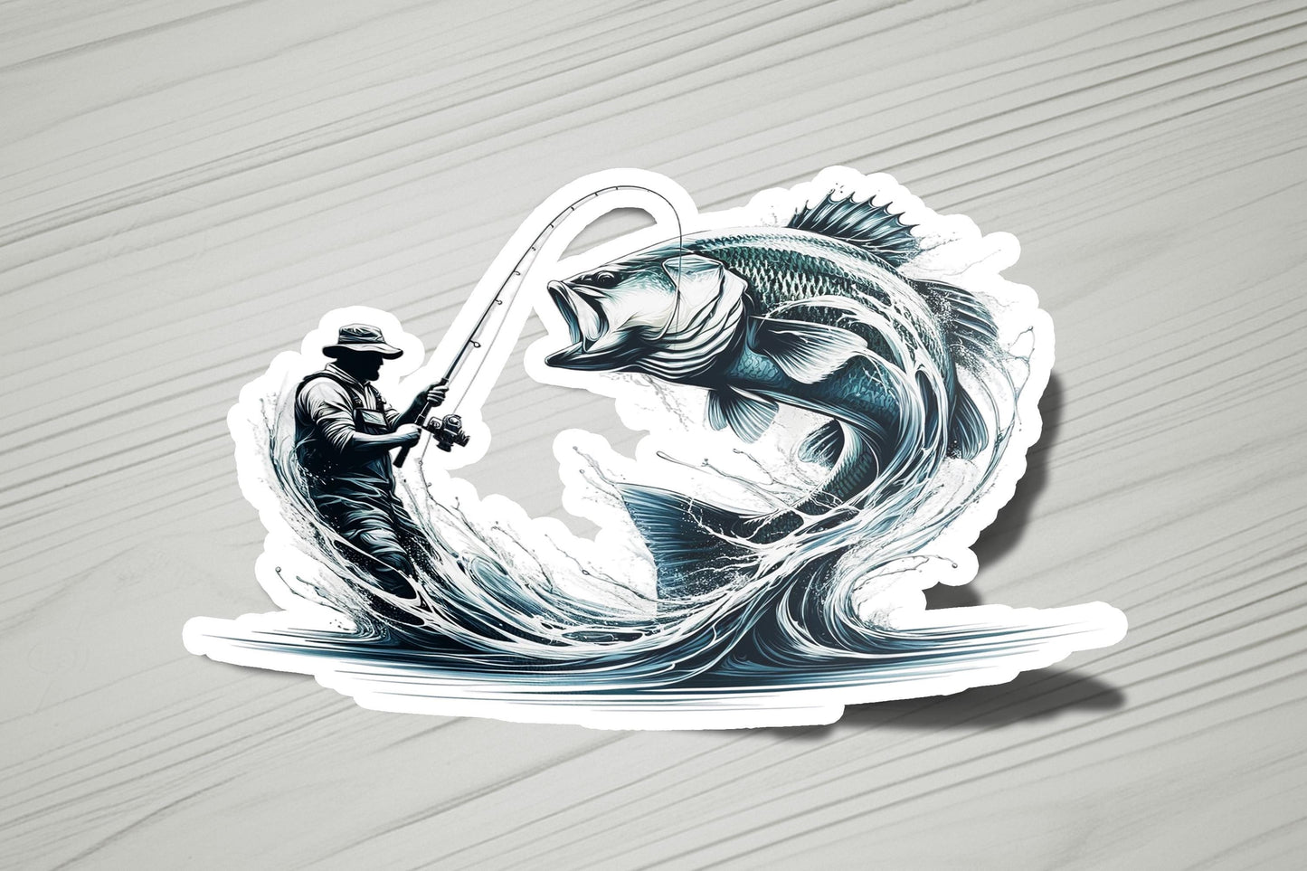 a sticker of a man fishing on a large fish