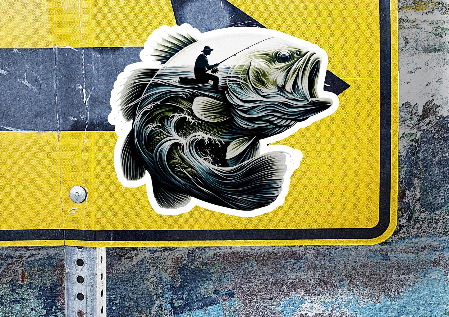 a sticker of a fish on a yellow sign