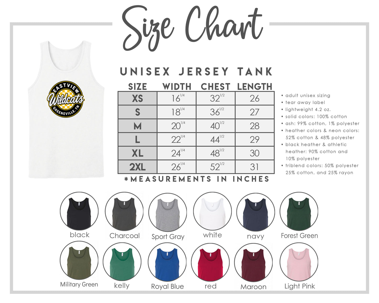 The image is a size chart for a unisex jersey tank, providing measurements and corresponding tank sizes for different chest lengths.