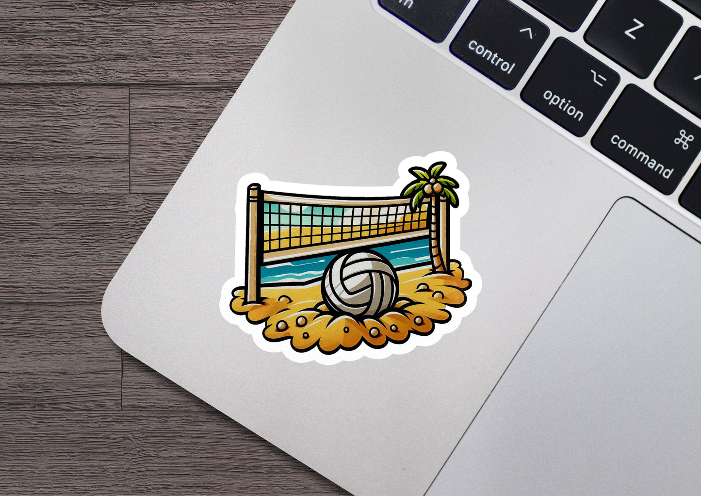 a sticker of a volleyball ball and net on a beach