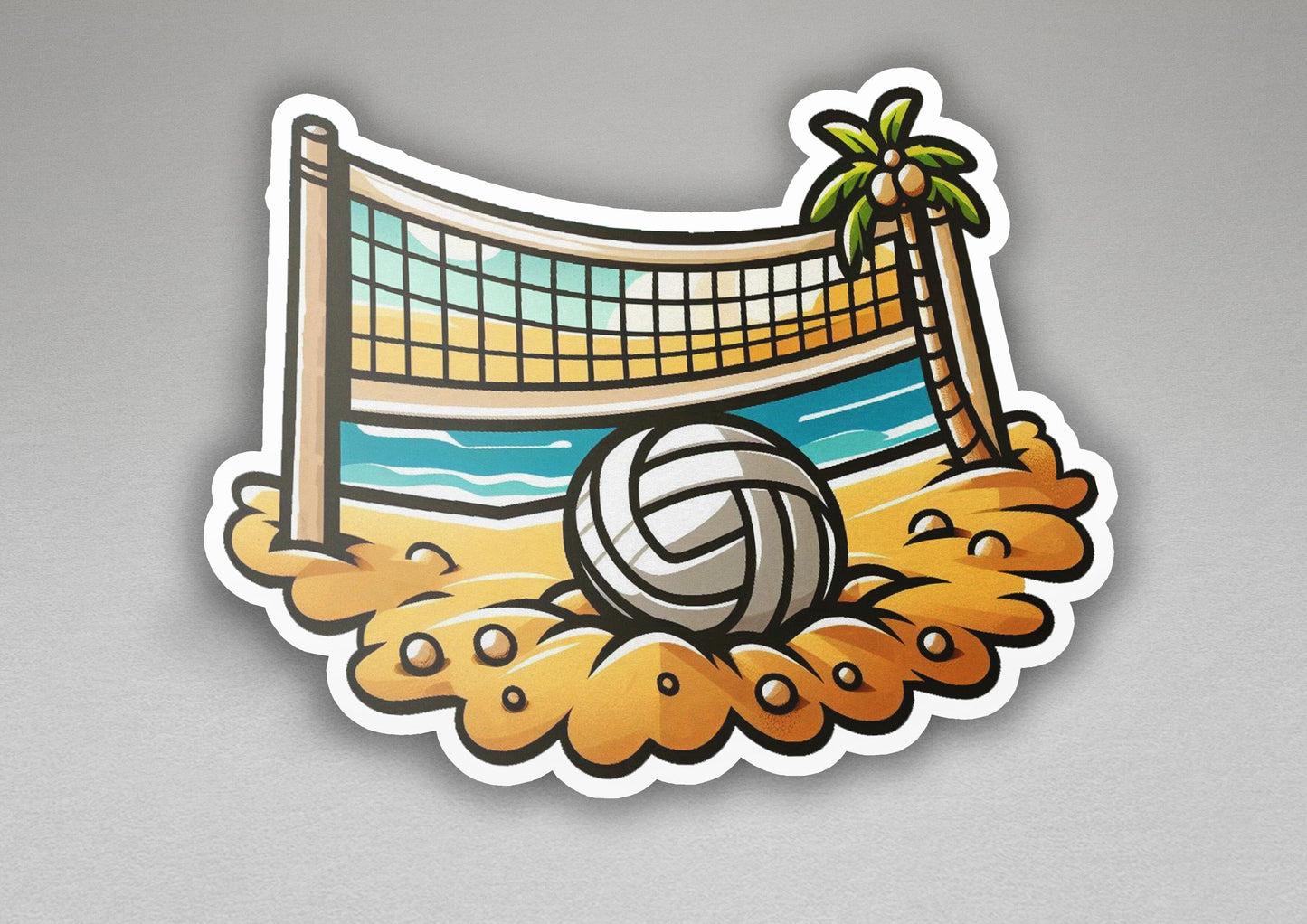 a sticker of a beach volleyball ball and net