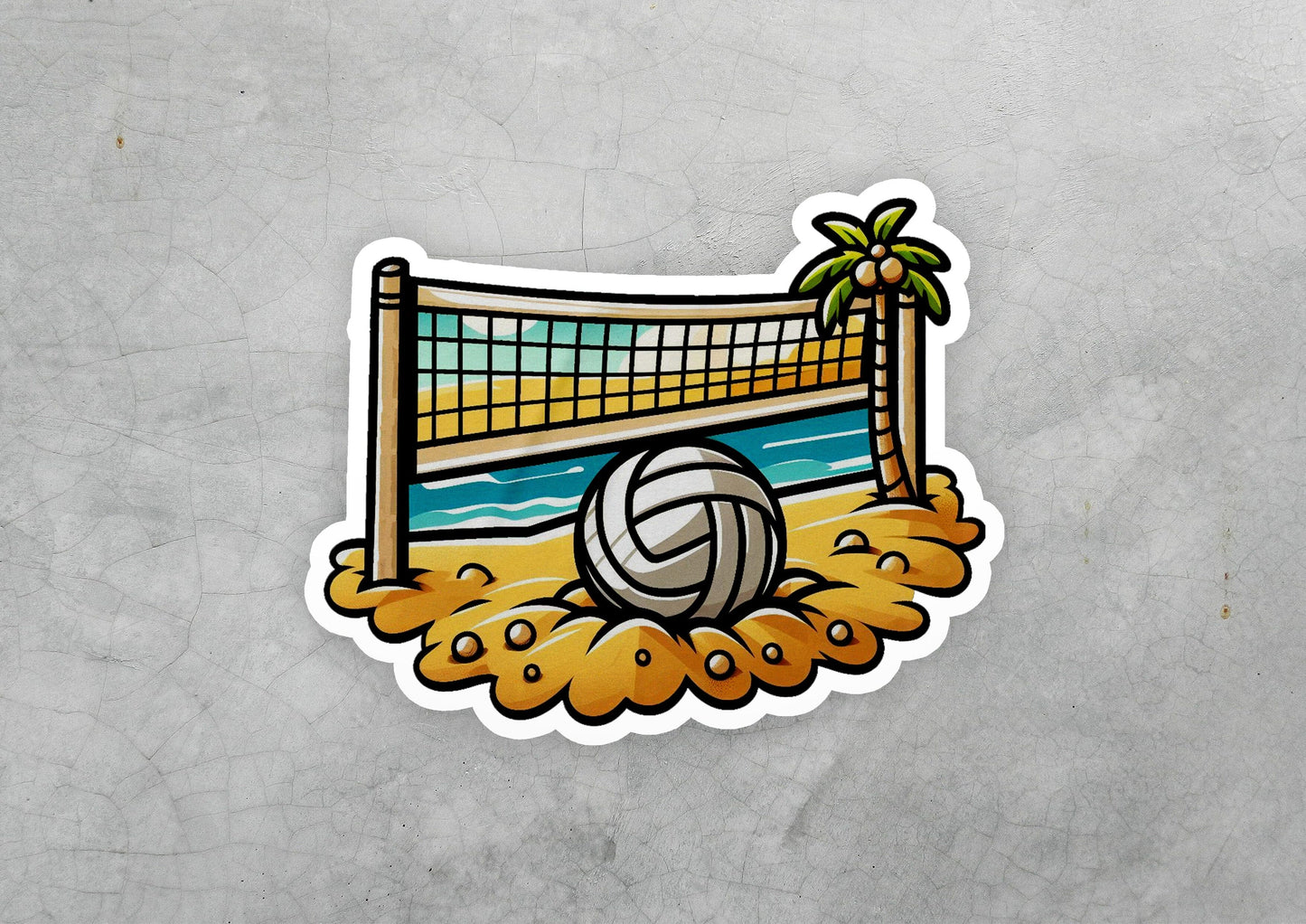 a sticker of a beach volleyball ball and net