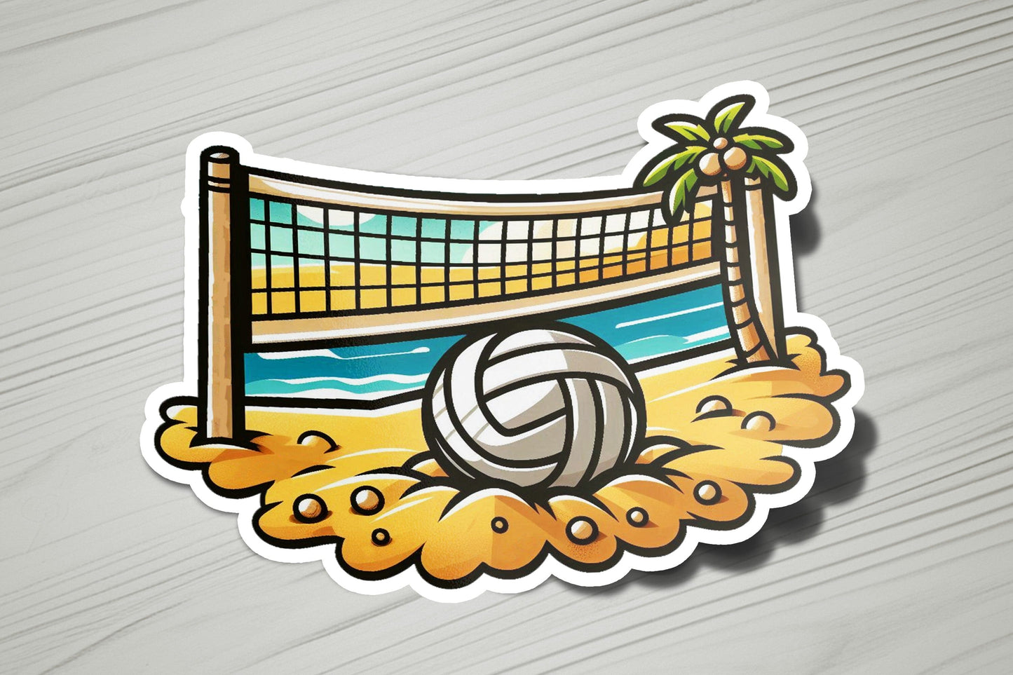 a sticker of a volleyball ball on the beach