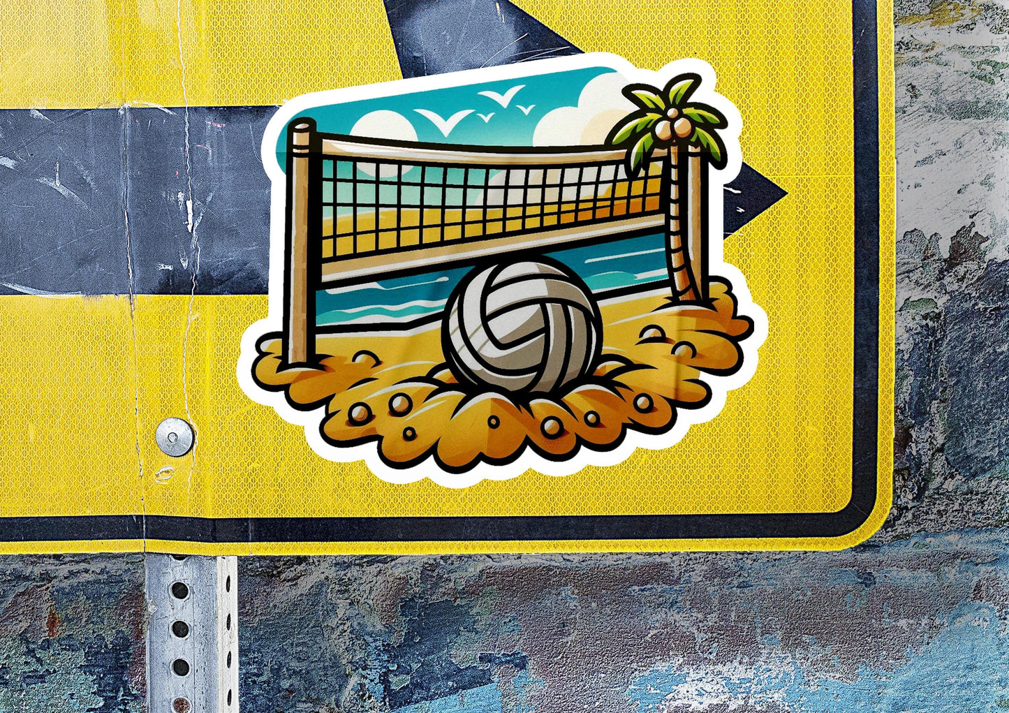 a sticker of a beach volleyball ball and net