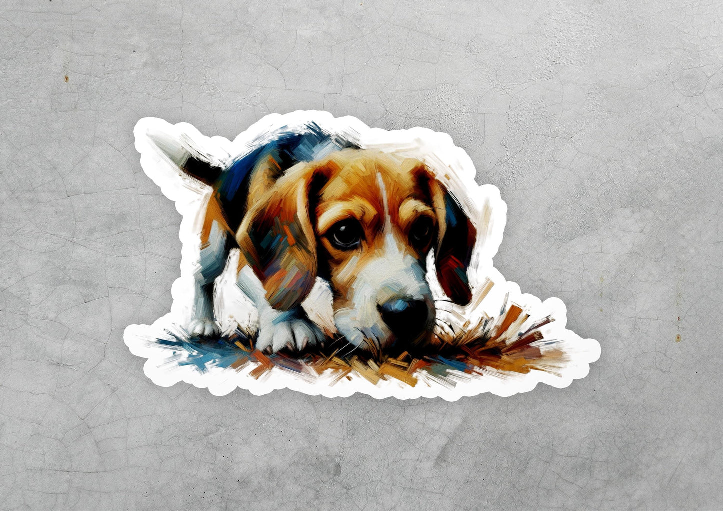 a sticker of a dog laying on the ground