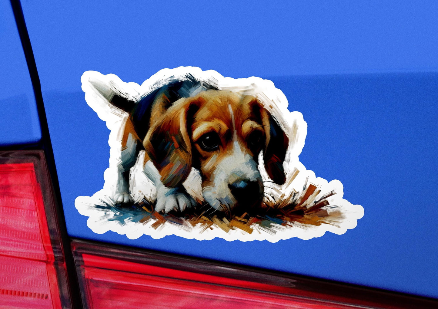 a dog sticker on the back of a car