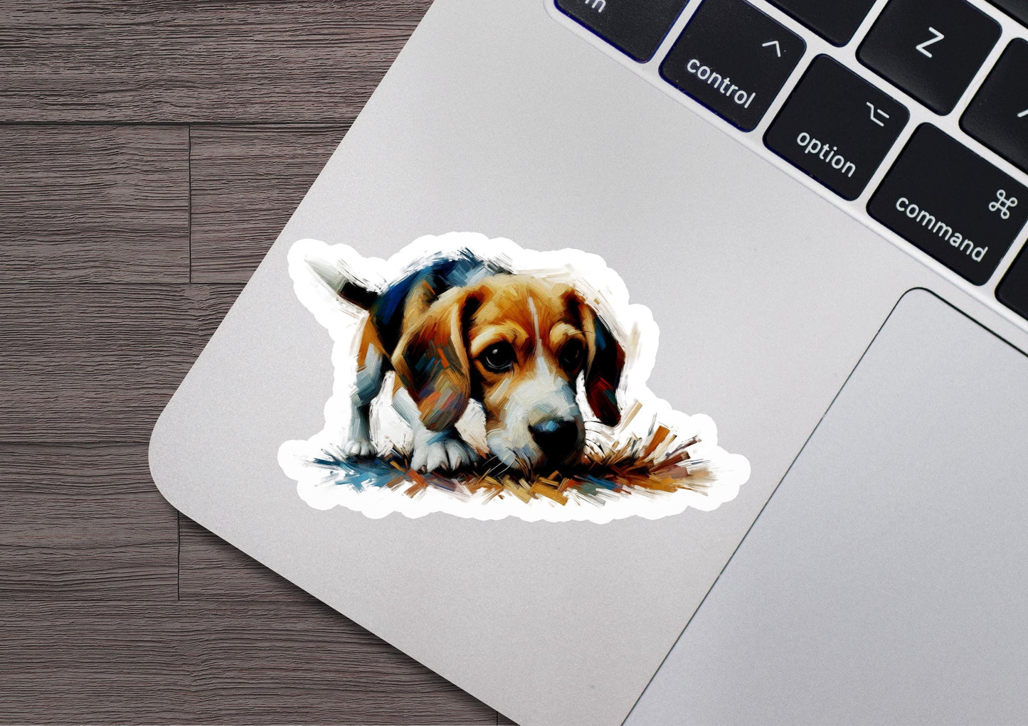 a sticker of a dog with a sad look on its face