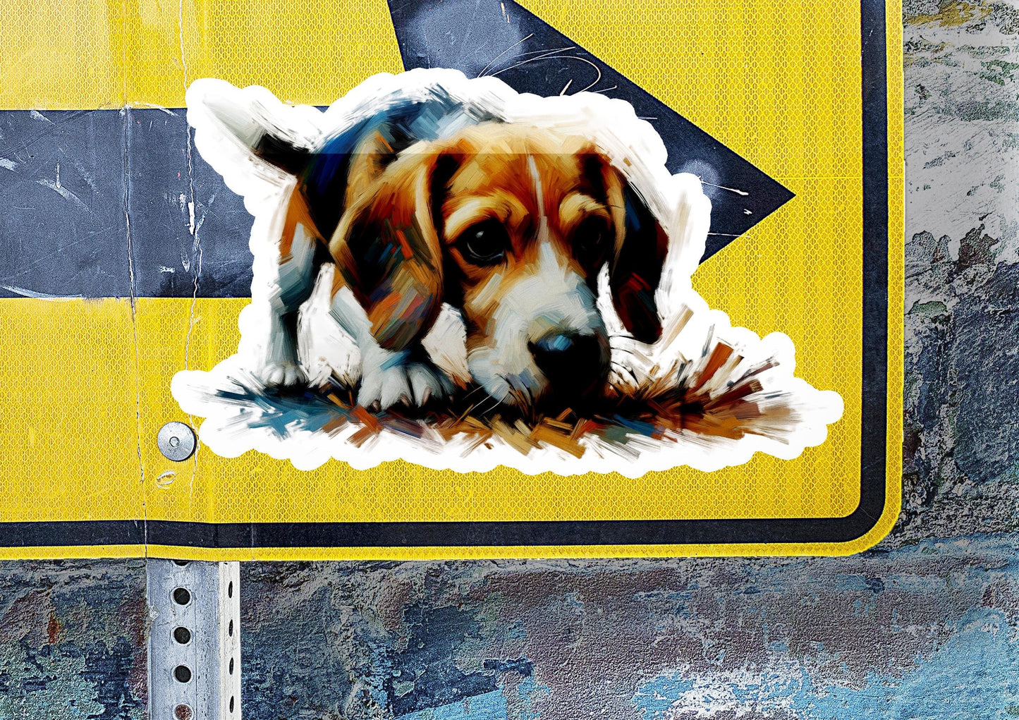 a sticker of a dog on a street sign