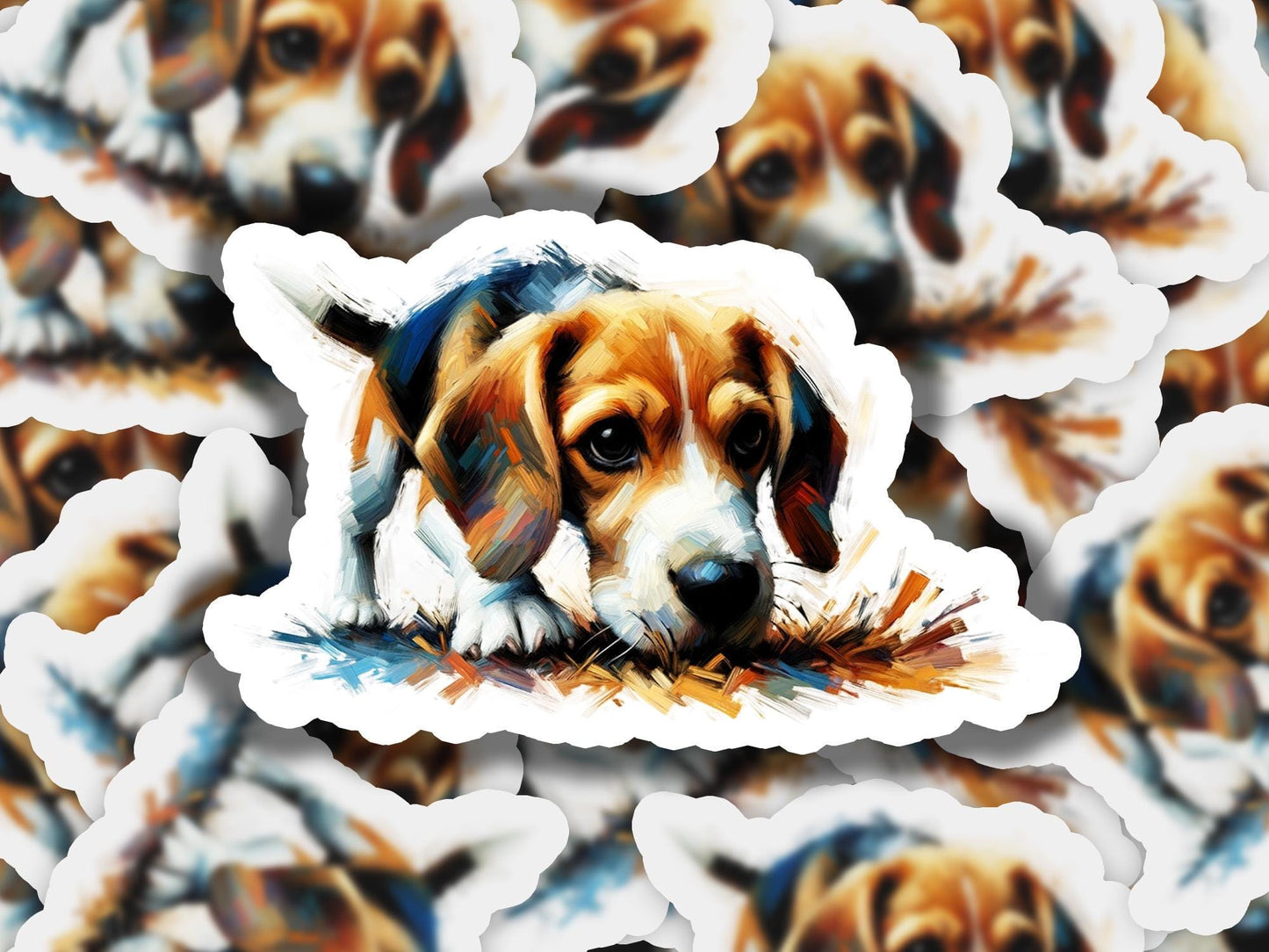 a picture of a dog with his head on a sticker