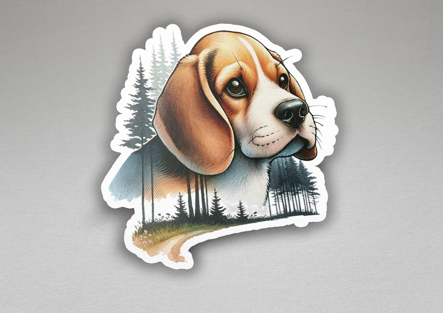 a sticker of a beagle dog with trees in the background