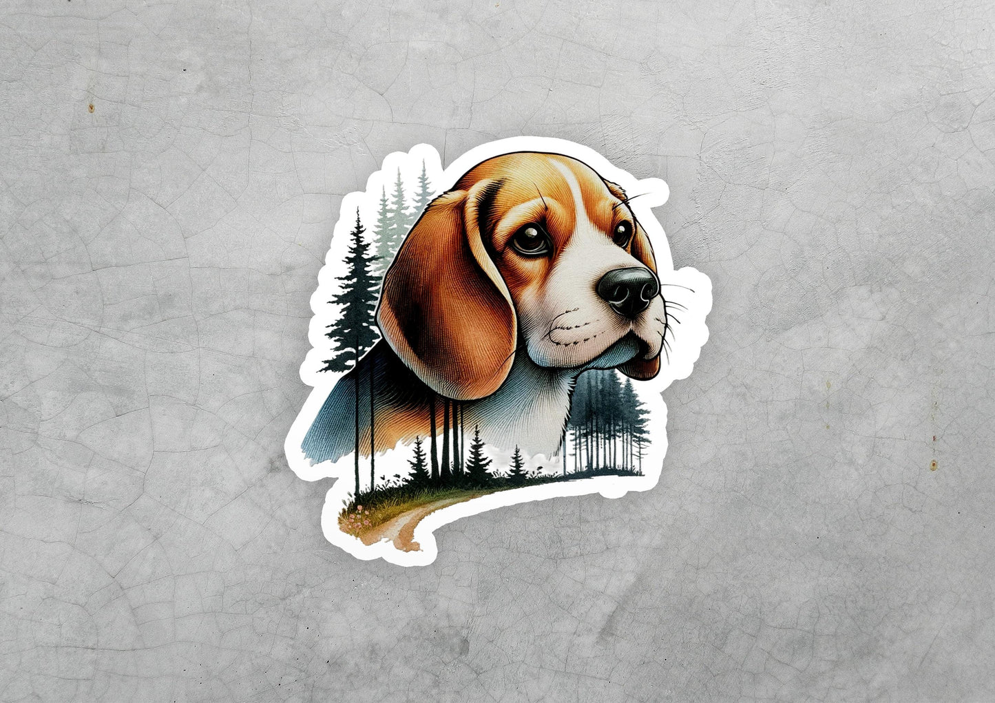 a sticker of a dog with trees in the background