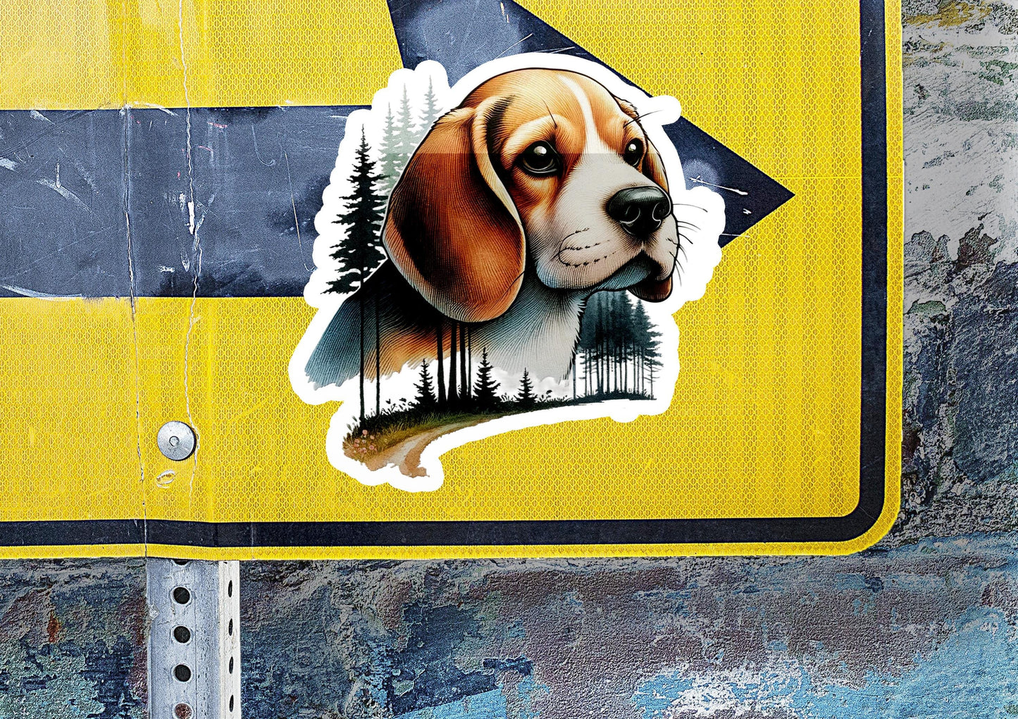 a sticker of a dog with a forest scene on it