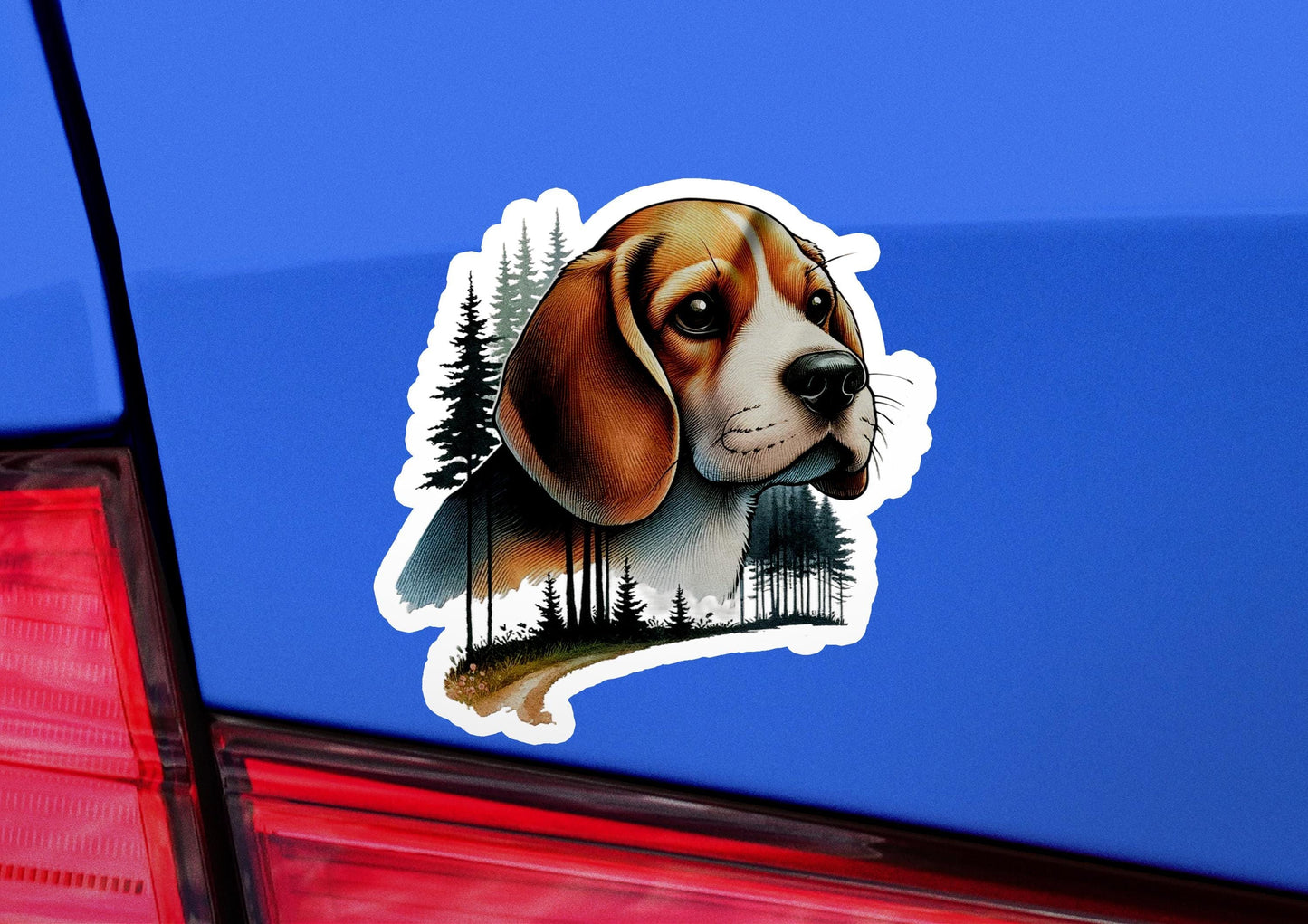 a brown and white dog sticker on the back of a car