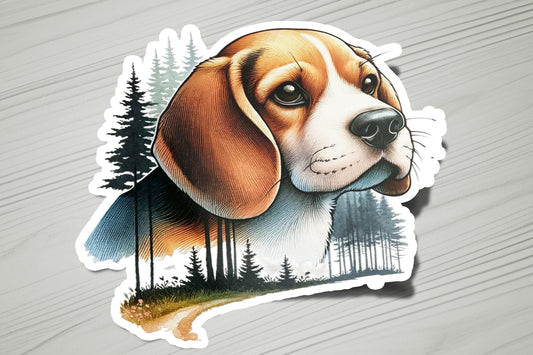 a sticker of a dog with trees in the background