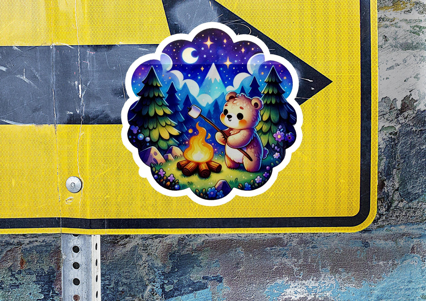 a yellow street sign with a bear holding a campfire