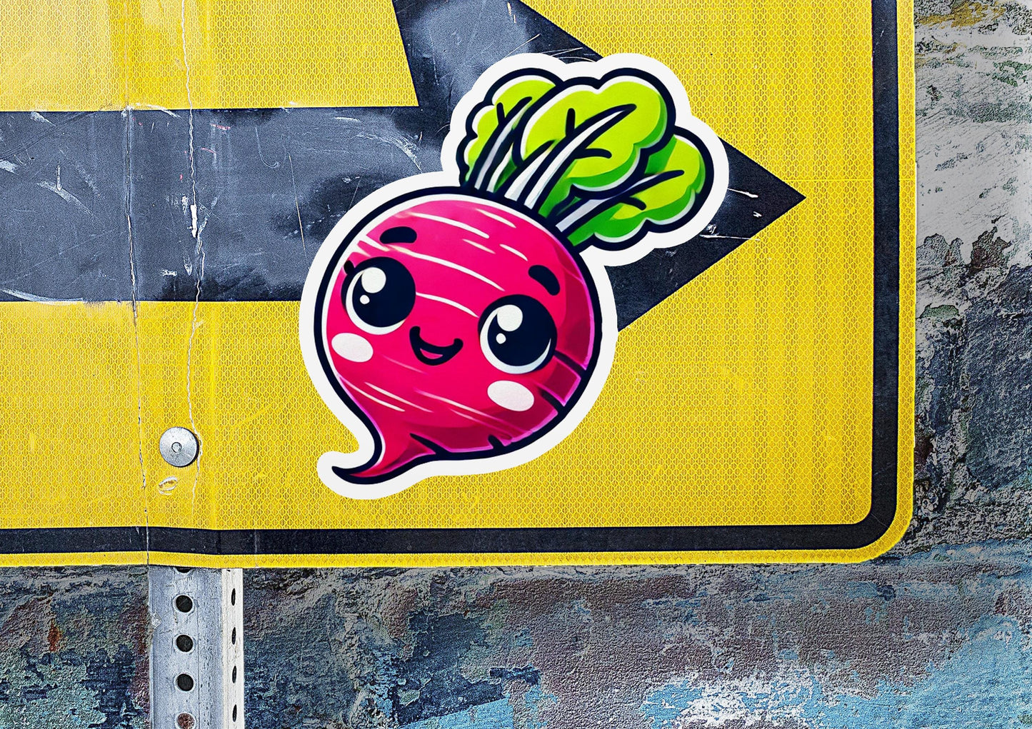 a sticker of a radish on a yellow street sign