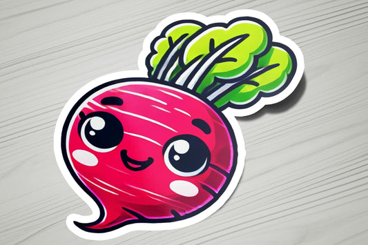 a sticker of a radish with a smiley face