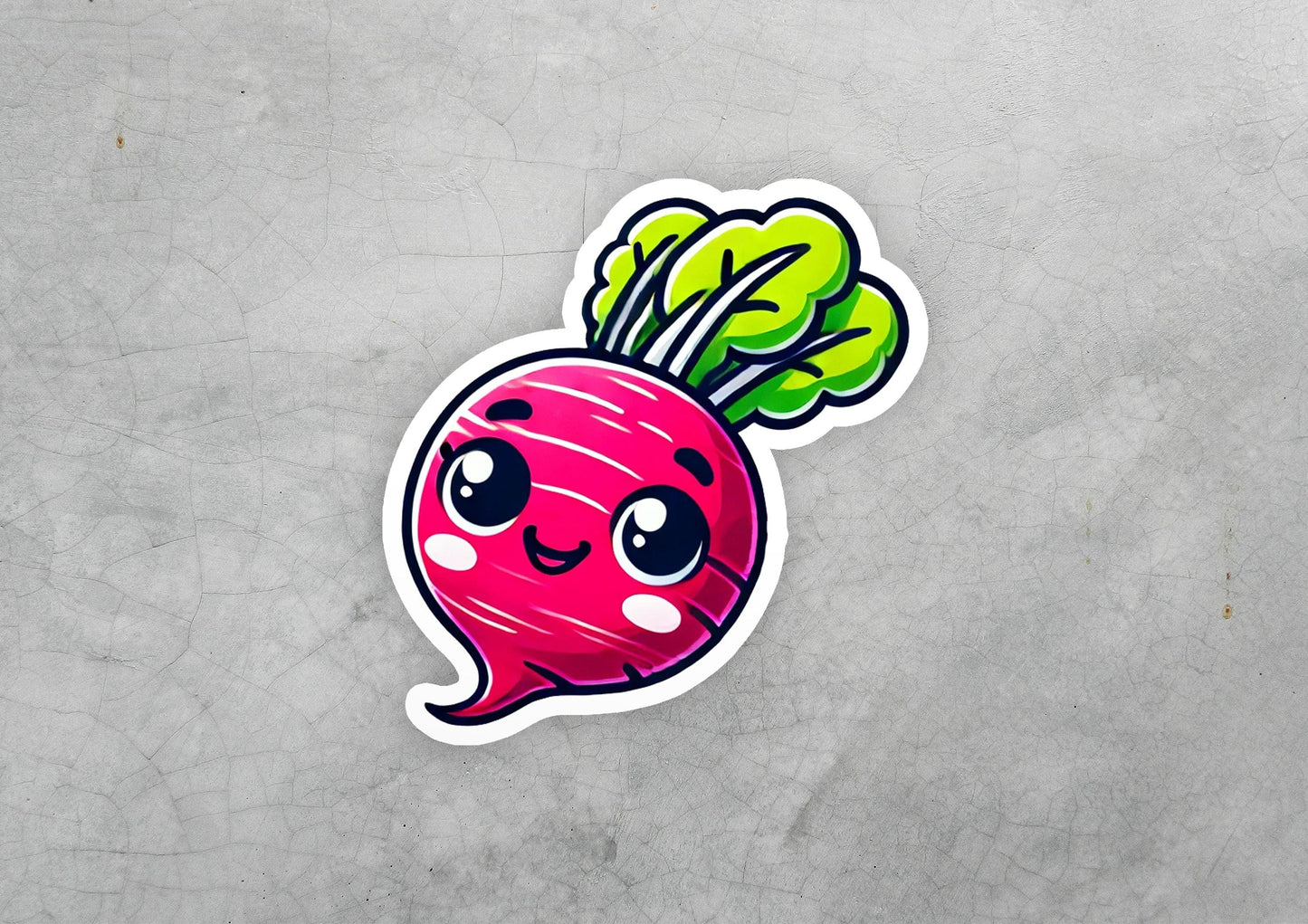 a sticker of a radish with a sad face