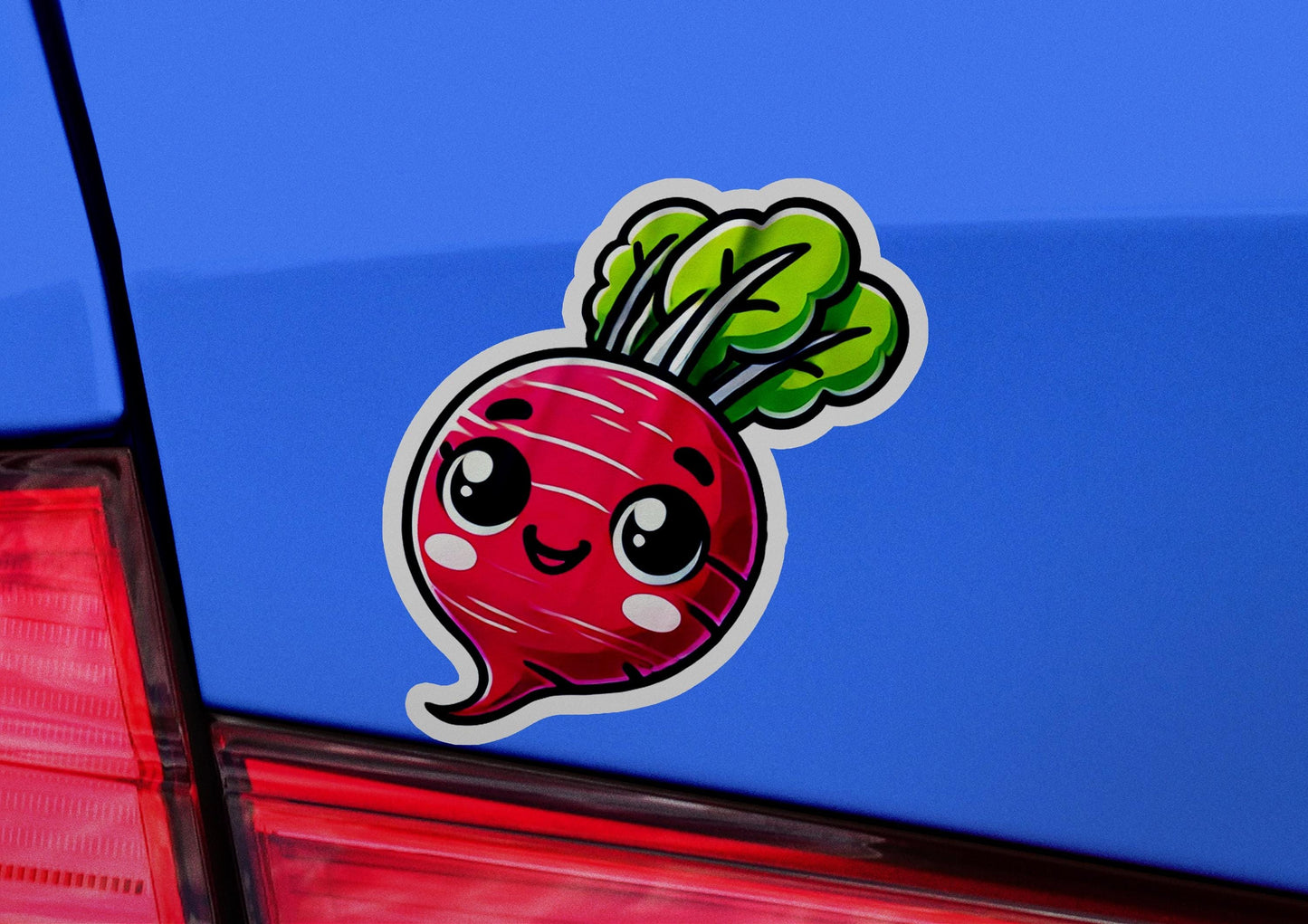 a sticker of a radish on the back of a car