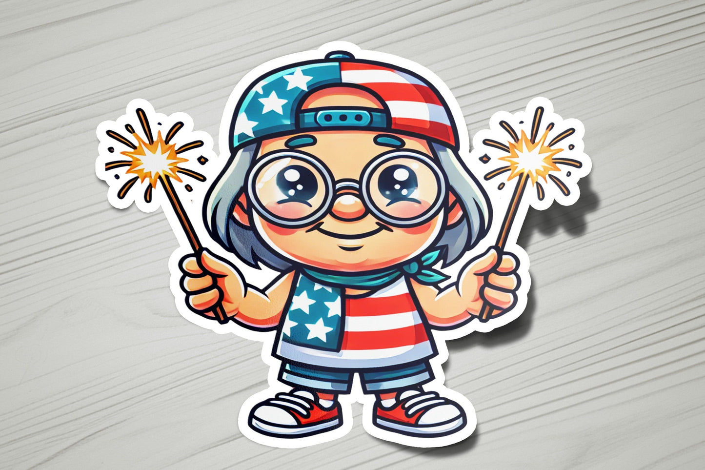a sticker of a cartoon character holding a sparkler