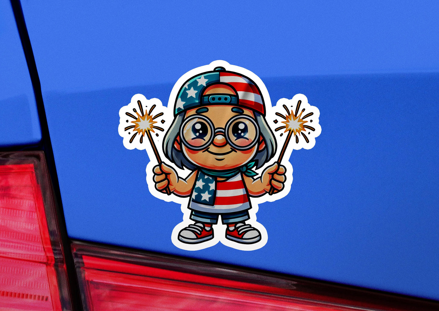 a car with a sticker of a cartoon character