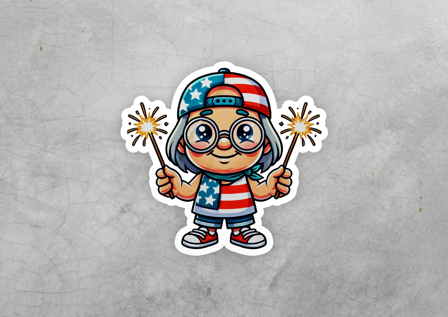 a sticker of a cartoon character holding a sparkler