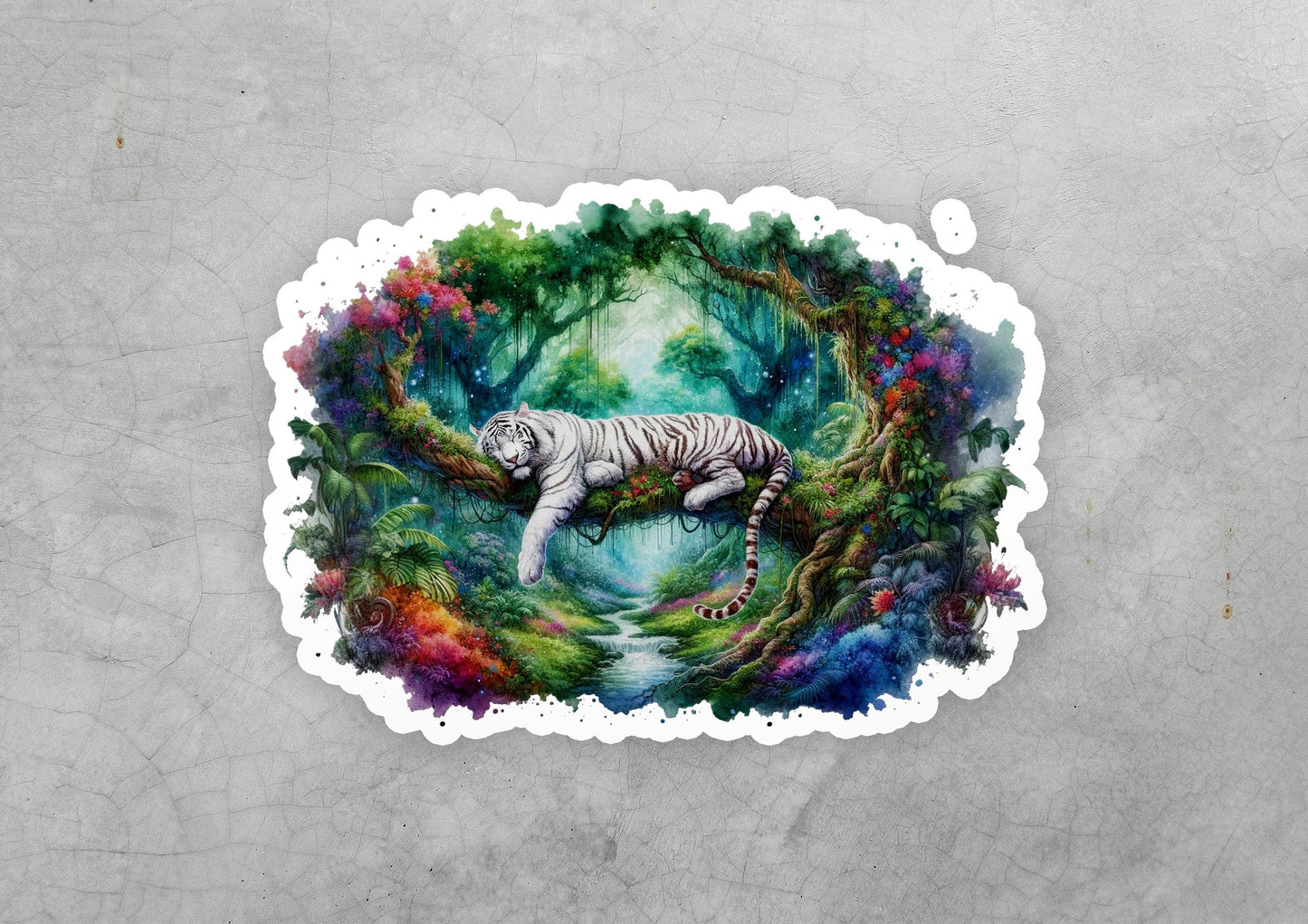 a sticker of a white tiger in a forest