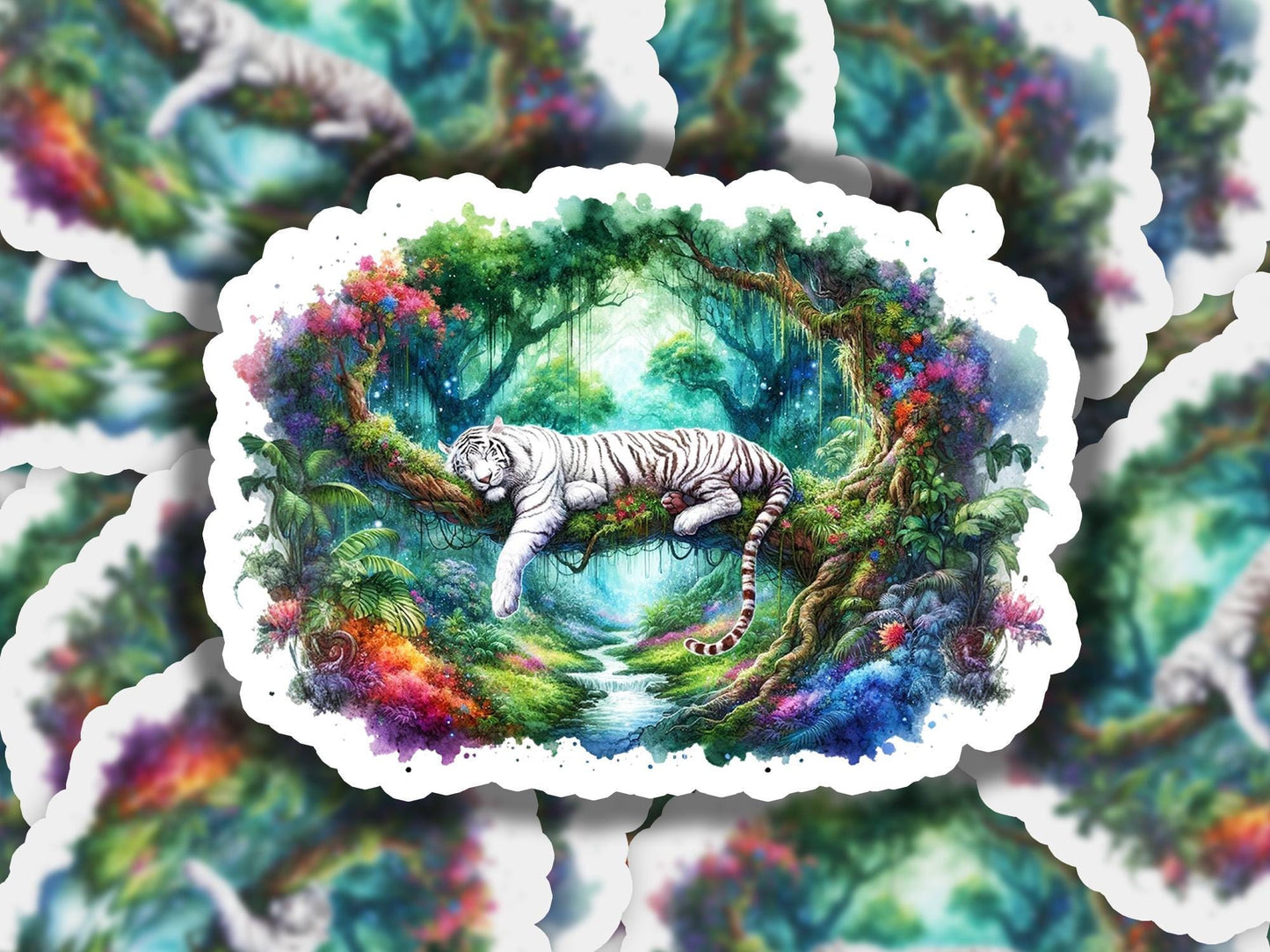a picture of a white tiger in the middle of a forest