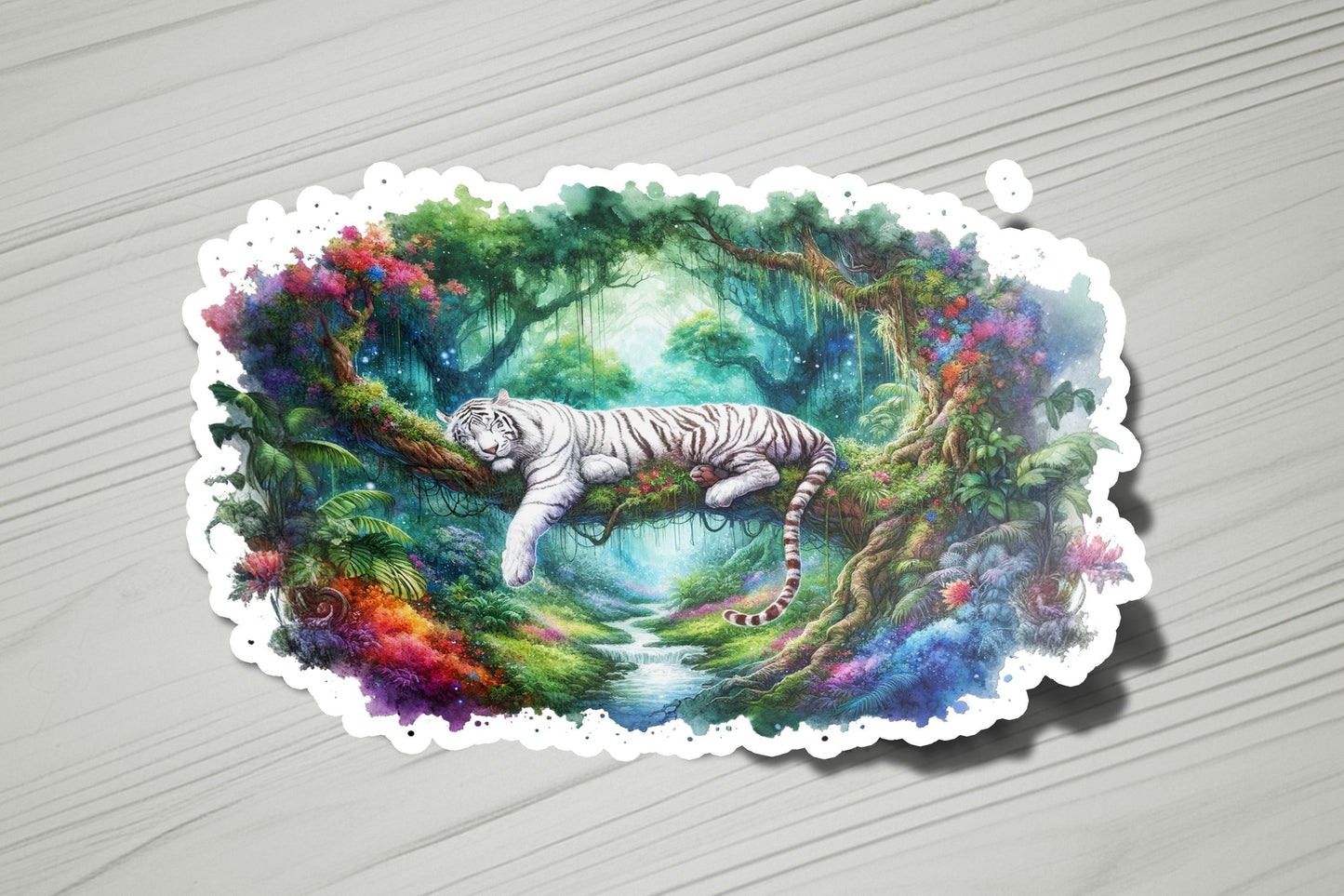 a sticker of a white tiger in a forest