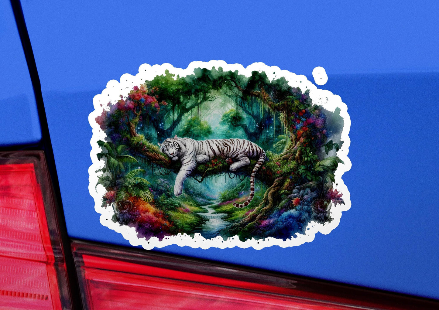 a white tiger sticker on the back of a car
