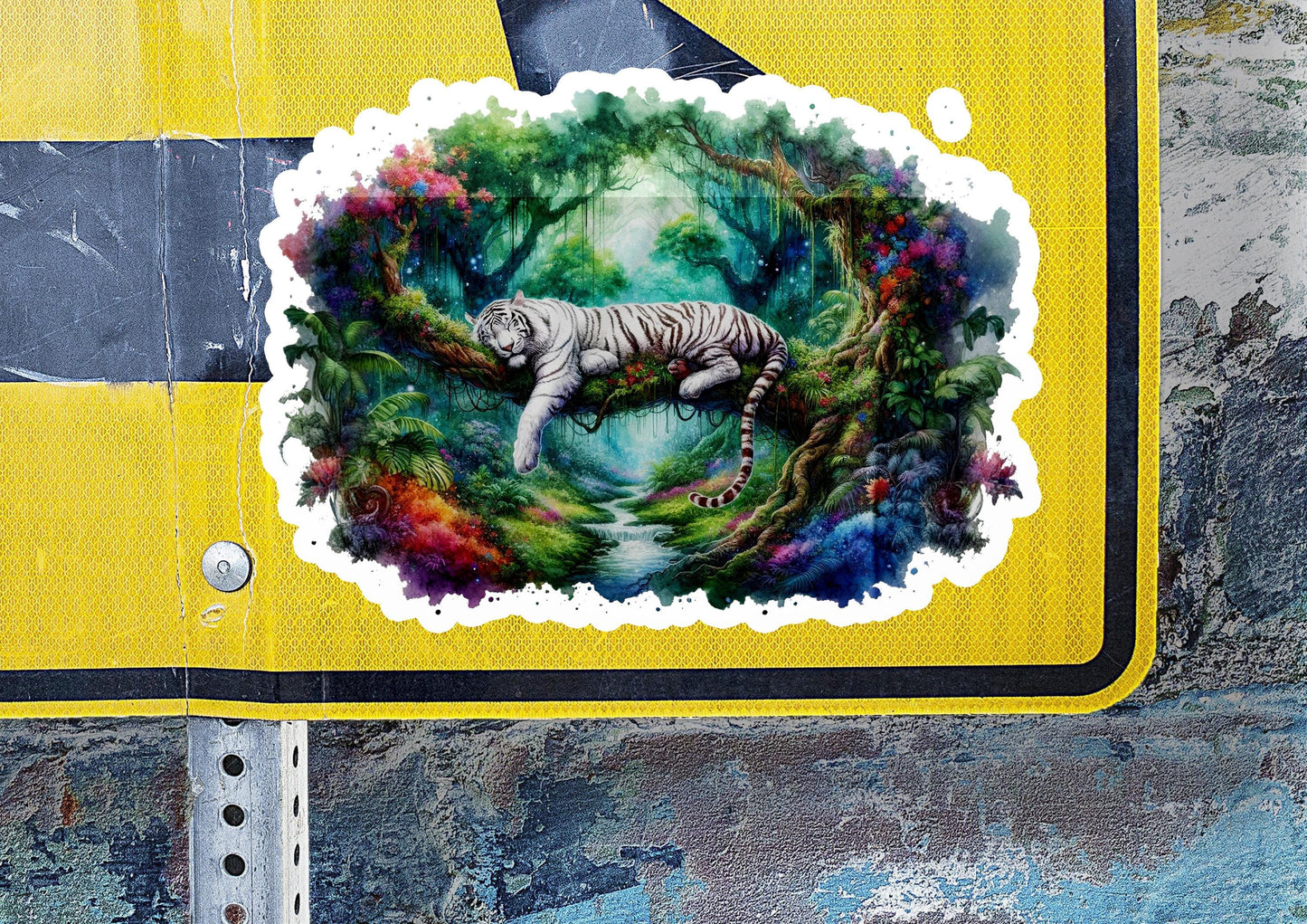 a sticker of a white tiger on a street sign