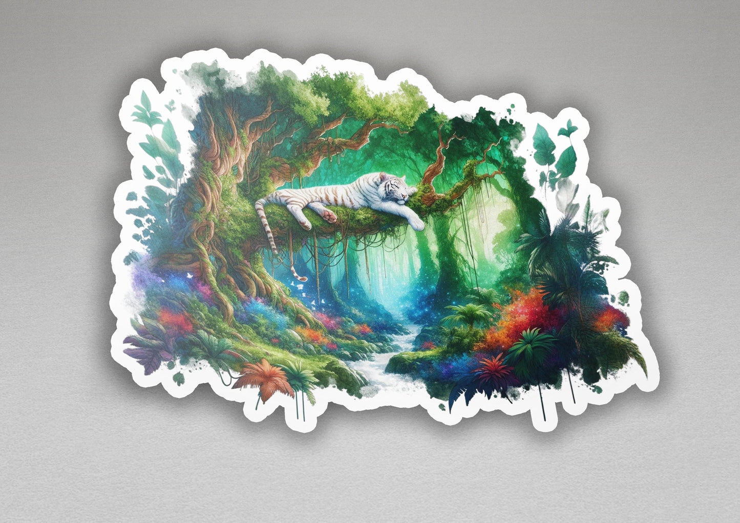 a picture of a white horse in a forest