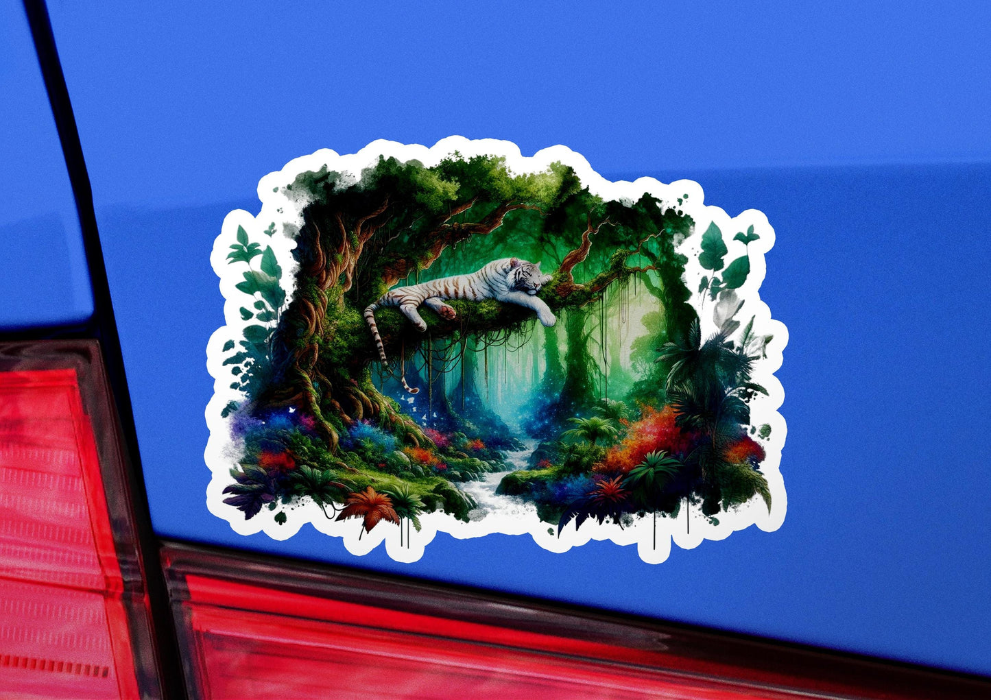 a sticker of a dinosaur in a forest
