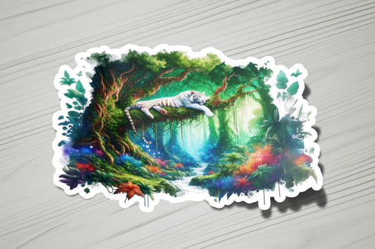 a sticker of a white tiger in a forest