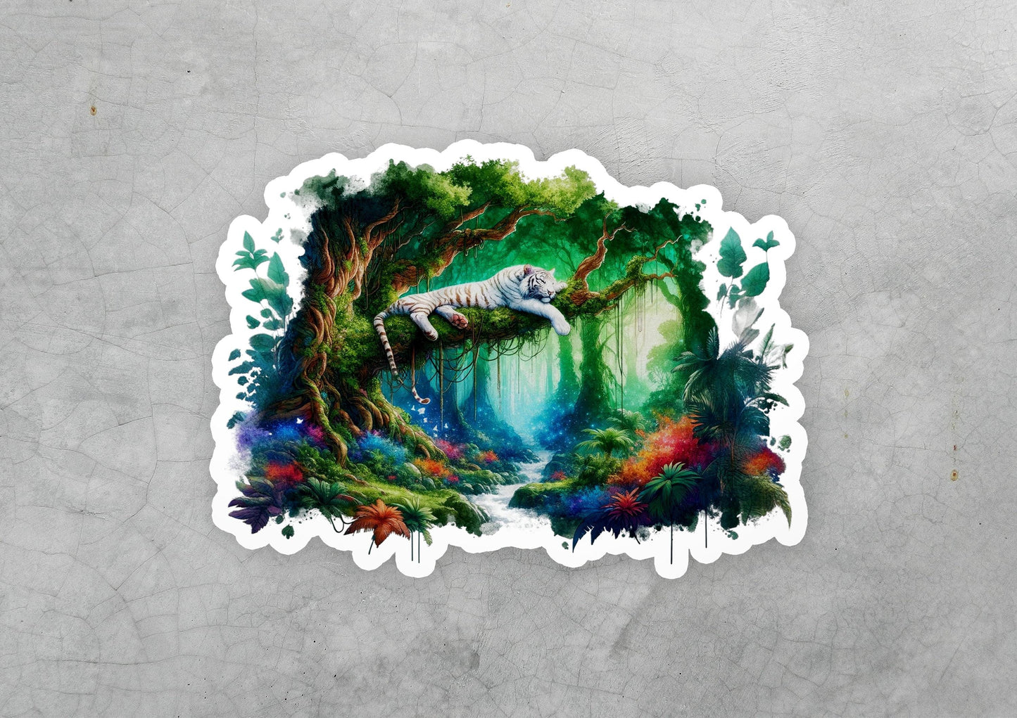 a sticker with a picture of a wolf in a forest