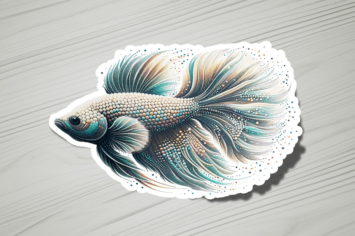 a sticker of a fish on a wooden surface