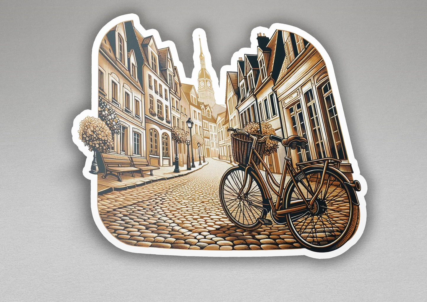 a sticker of a bicycle parked on a cobblestone street