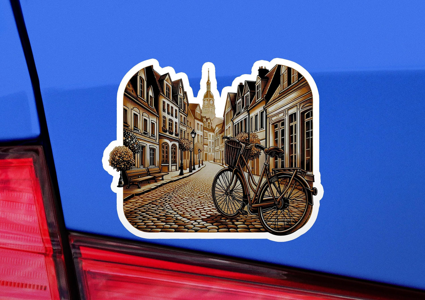 a sticker of a bicycle parked on a cobblestone street