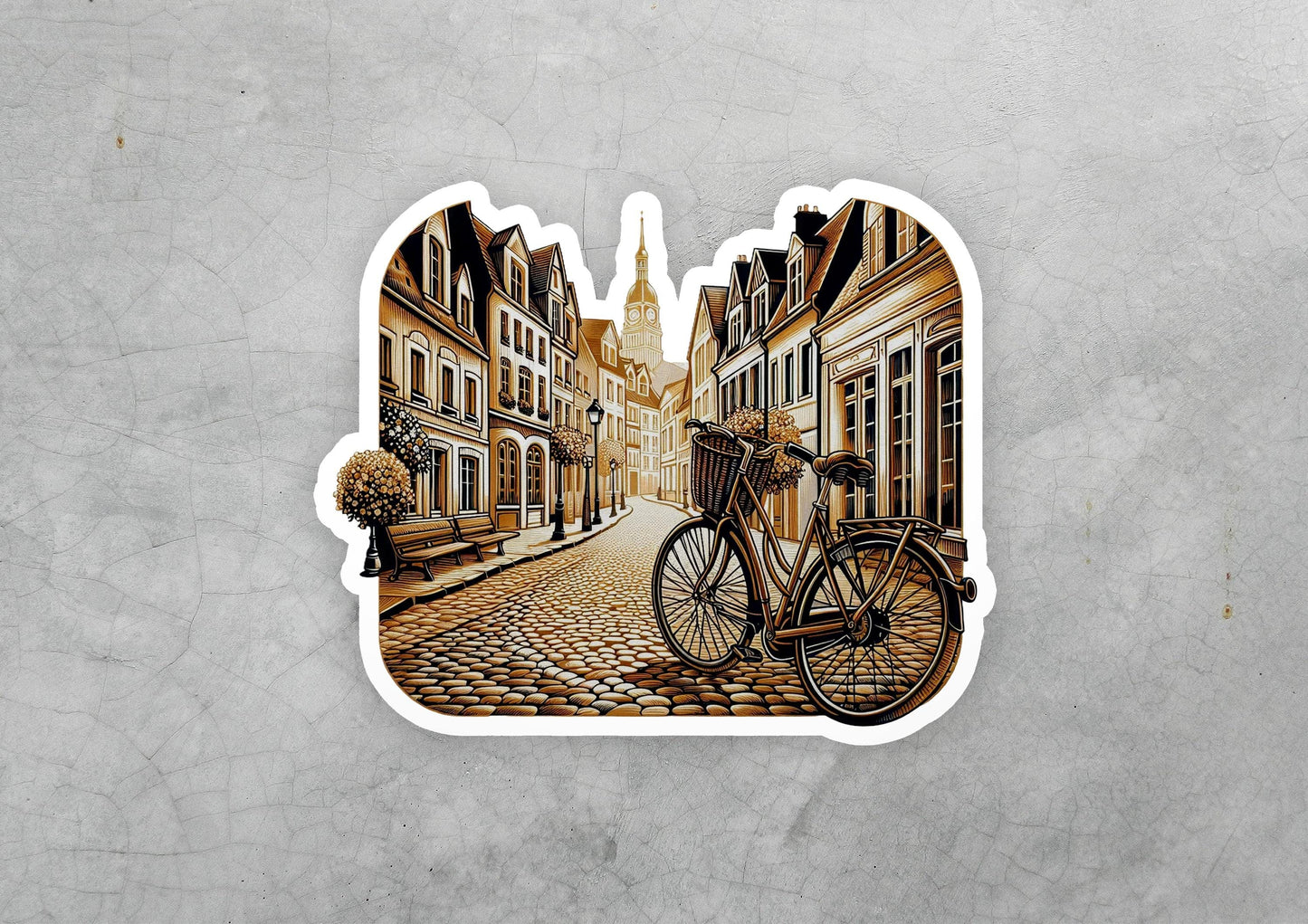 a sticker of a bicycle parked on a cobblestone street