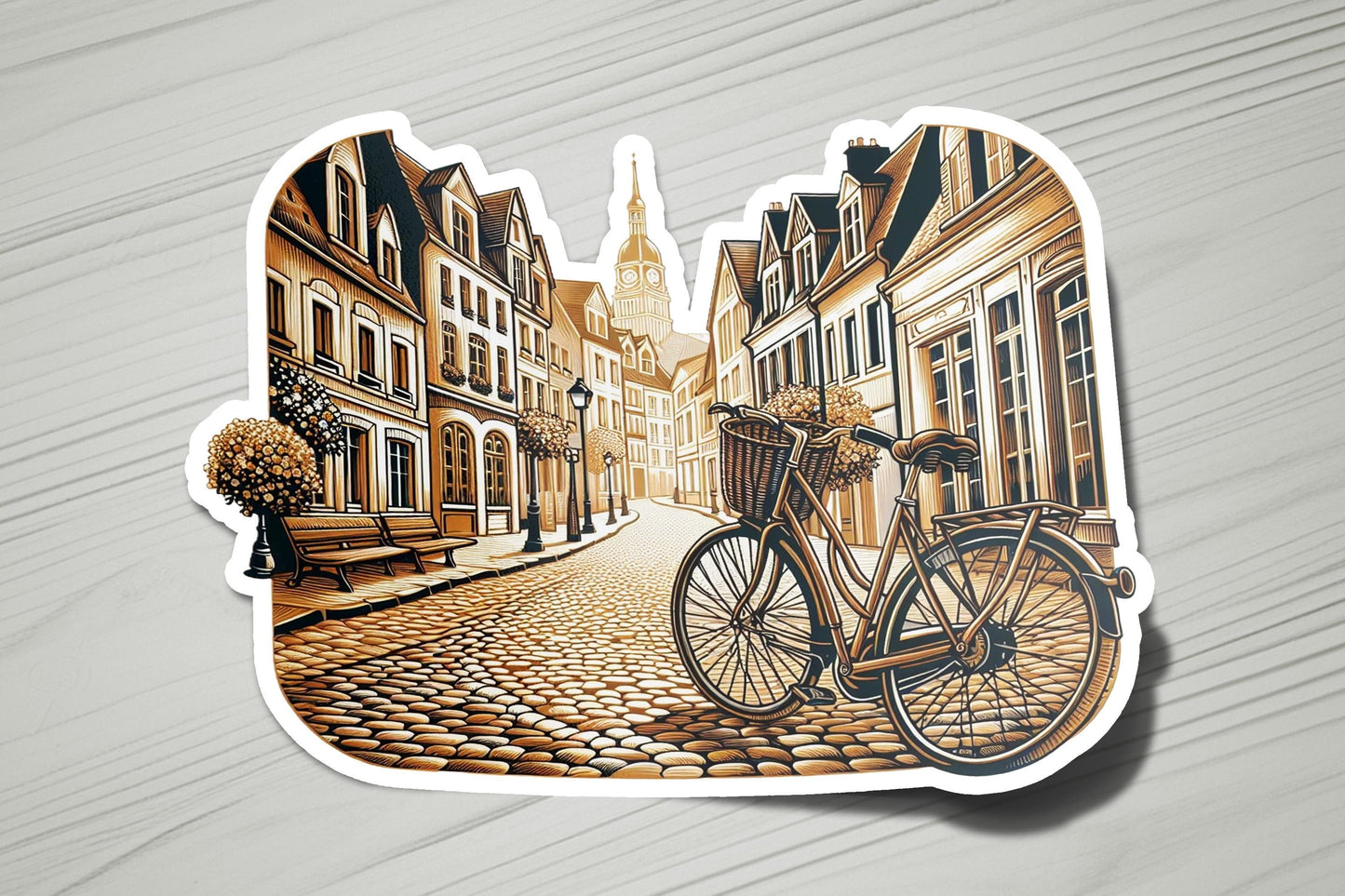 a sticker of a bicycle parked on a cobblestone street