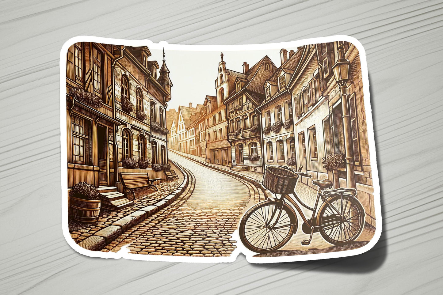 a drawing of a bicycle parked on a cobblestone street