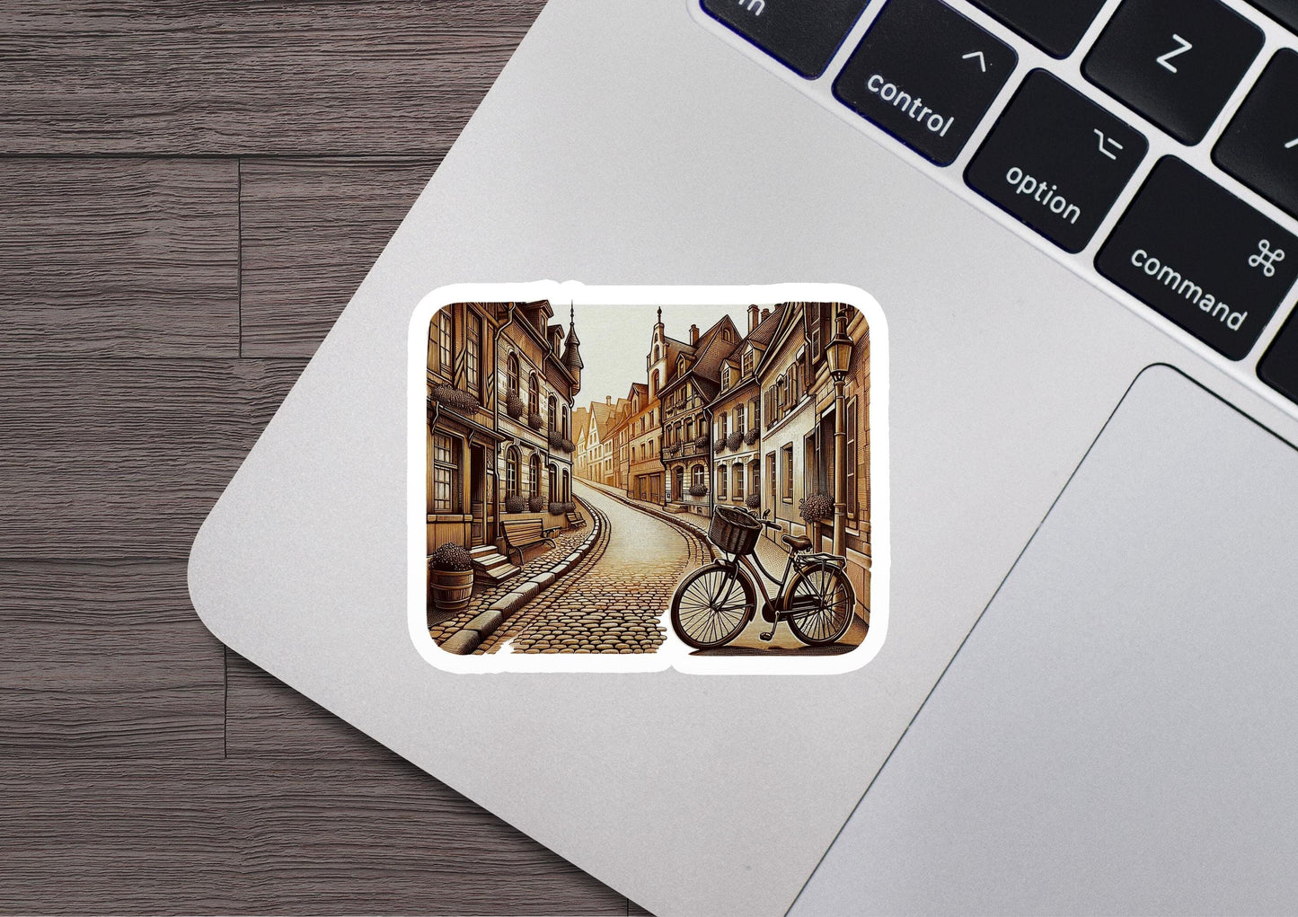 a sticker of a street scene with a bicycle