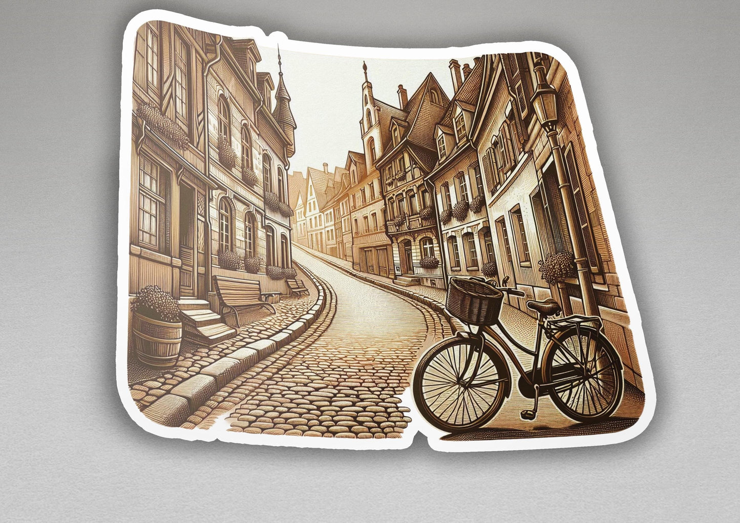 a drawing of a bicycle parked on a cobblestone street