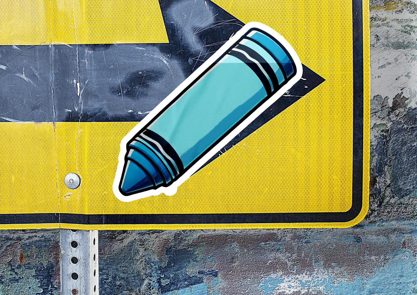 a sticker of a blue crayon crayon on a yellow sign