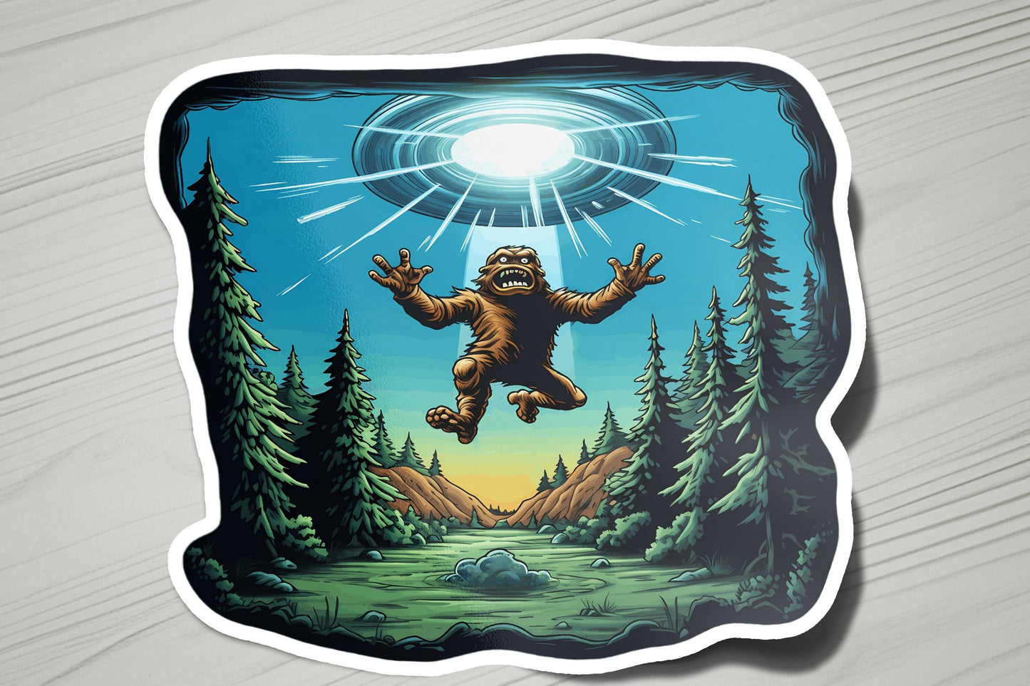 a sticker of a bigfoot flying over a forest